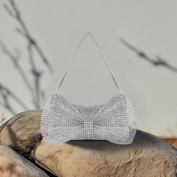 🆕Women Silver Rhinestone Evening Clutch Purse Bowknot Elegant Party Handbag - Picture 6 of 6